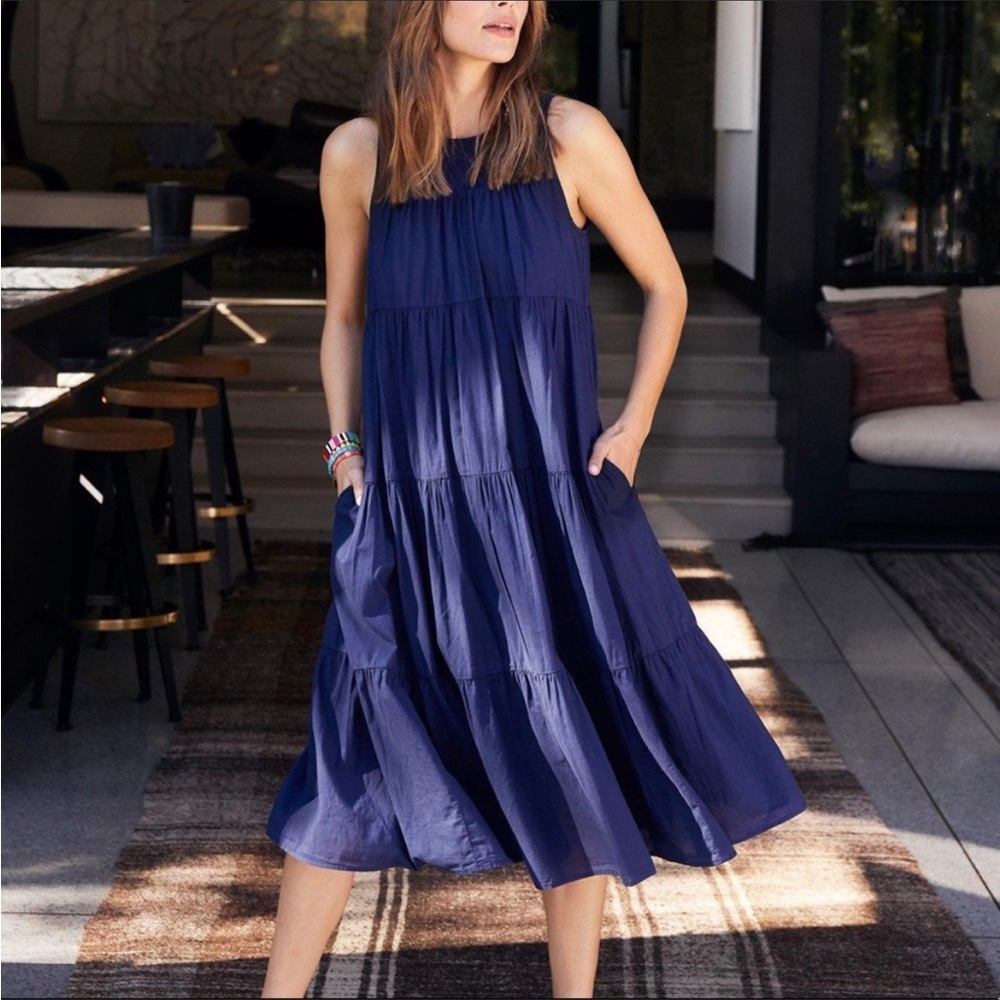 Xirena Women’s Sz Small Eva Blue Sleeveless Cotton Tiered Midi Dress
